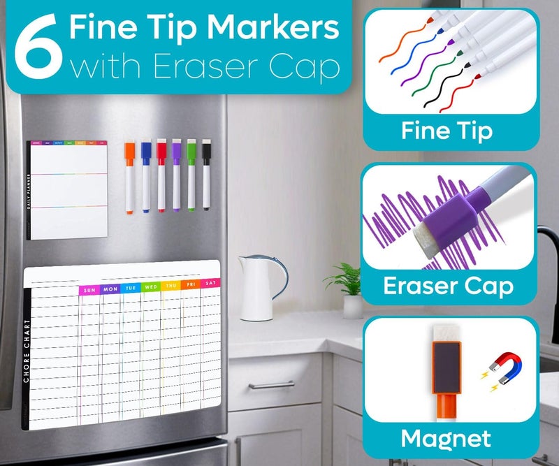 MODERNEAT Magnetic Chore Chart Dry Erase Whiteboard Set - Pocket Charts for Multiple Kids, Teens & Adults (15"x 11.5"), Daily to-Do, Grocery, Notes (9"x 7") -Behavior Chart for Fridge & 6 Fine Tip Markers - Image 5